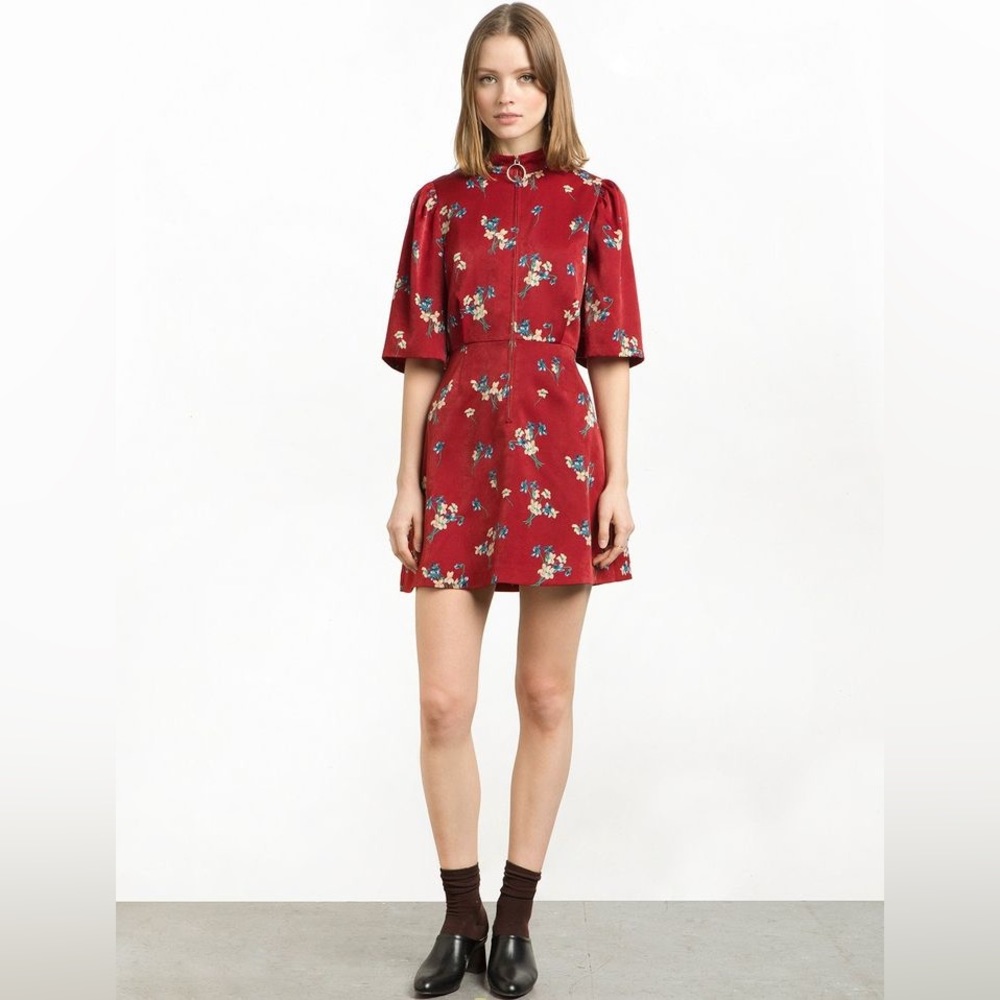 Pixie Market red floral zip front fit and flare dress Sz S